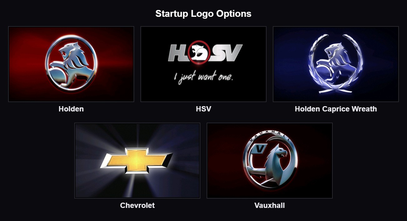 VE Series 2 iQ head unit startup logo options — Holden, HSV, Holden Caprice Wreath, Chevrolet and Vauxhall boot logos (LSXtreme colour change service)