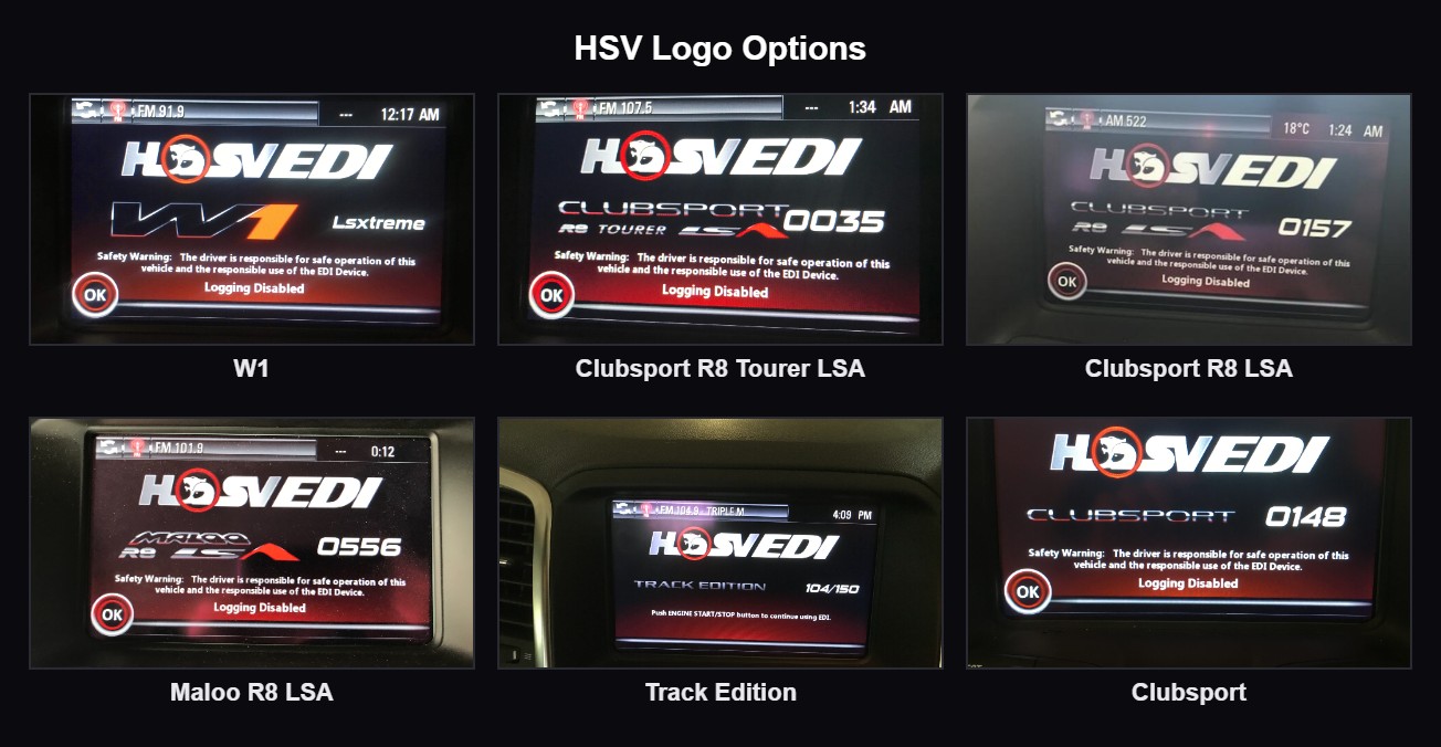 VF HSV EDI programming HSV logo options — W1, Clubsport R8 Tourer LSA, Clubsport R8 LSA, Maloo R8 LSA, Track Edition and Clubsport boot screens by LSXtreme